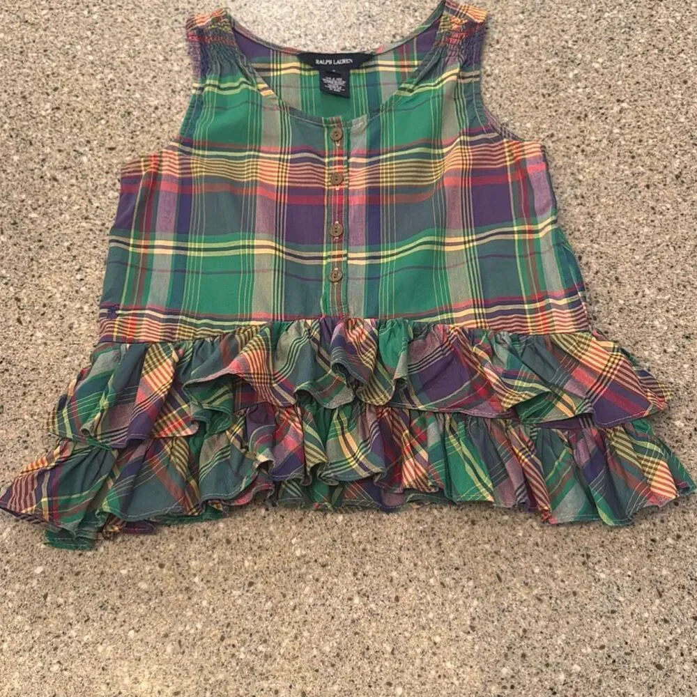 RALPH LAUREN Girls Plaid Ruffle Tank Top Madras Preppy Sleeveless
